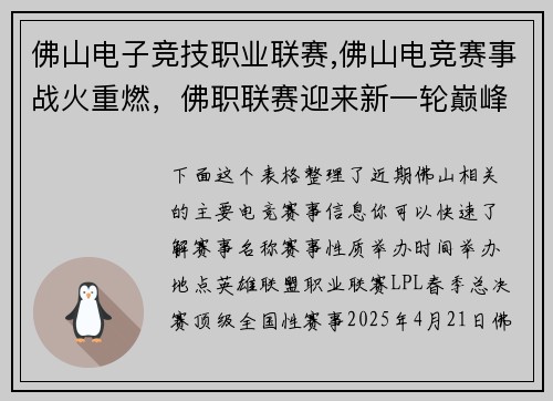 佛山电子竞技职业联赛,佛山电竞赛事战火重燃，佛职联赛迎来新一轮巅峰对决